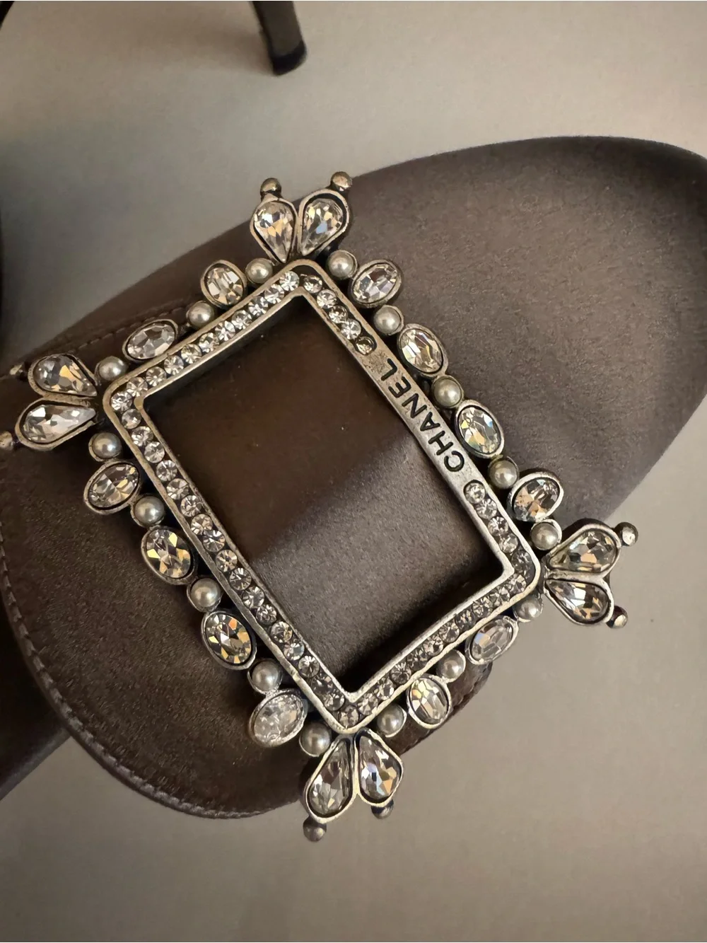 CHANEL gray Satin D'Orsay Pumps with Swarovski Jeweled Buckle